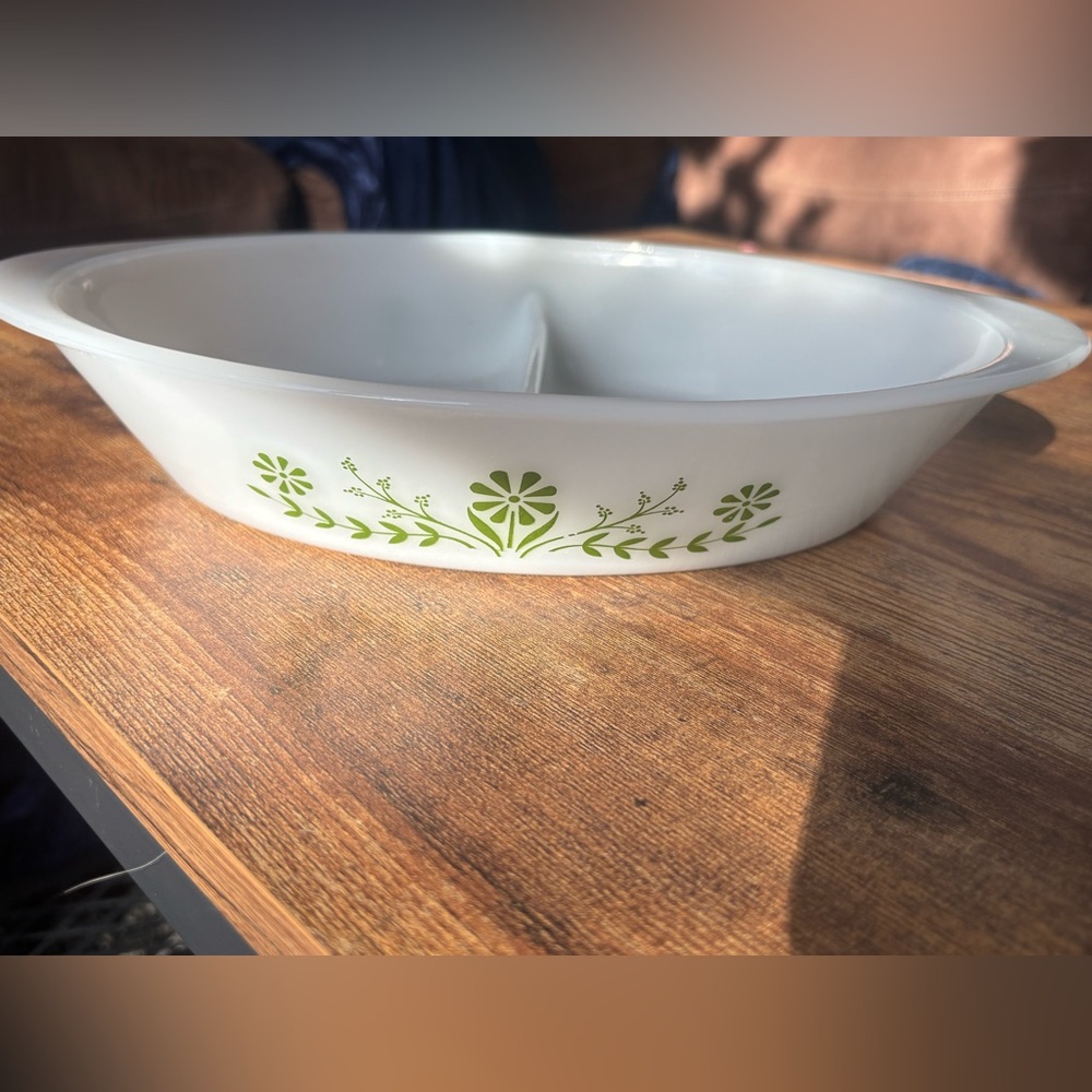 Vintage Glasbake White and Green Divided Serving Dish